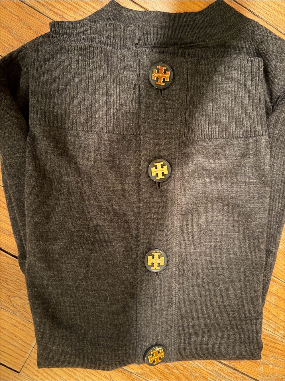 Tory Burch Charcoal Gray Cardigan with Gold Logo Buttons